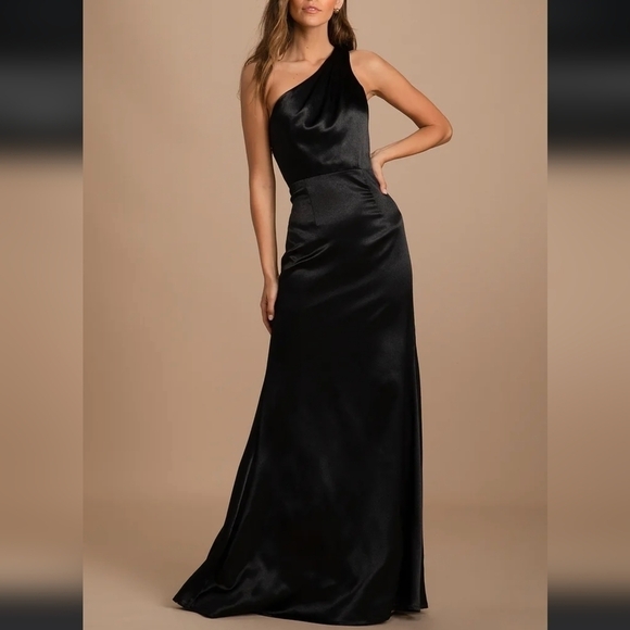 Lulu's On the Guest List Satin One-Shoulder Formal A-Line Maxi Dress Black Small - Picture 16 of 16